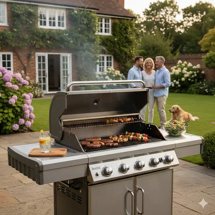 A premium large gas BBQ with six burners set on a stone patio in a landscaped British garden during summer. large gas bbq