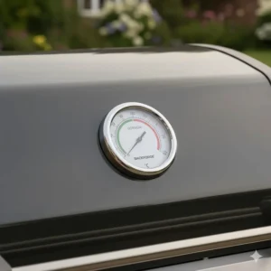 Close-up of a hood-mounted thermometer on a large gas BBQ showing the internal roasting temperature in Celsius.