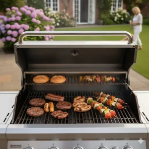 Top-down view showing the expansive cooking area of a large gas BBQ with burgers, sausages, and vegetable kebabs.