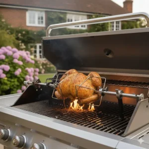 A whole chicken roasting on a rotisserie attachment inside a large gas BBQ over a steady flame.