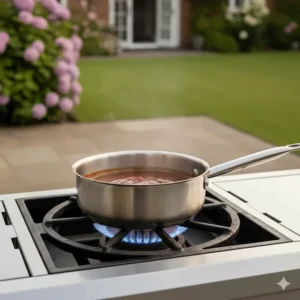 Close-up of a large gas BBQ side burner being used to simmer a sauce in a stainless steel saucepan.