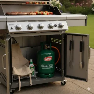 The lower storage cabinet of a large gas BBQ housing a green Patio Gas cylinder and grilling accessories.