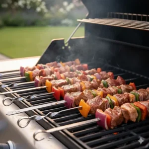 A set of flat metal reusable skewers loaded with lamb and vegetable kebabs on the grill.