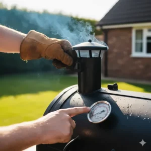 A hand adjusting the chimney vent on an offset smoker to manage internal pit temperature for slow cooking.