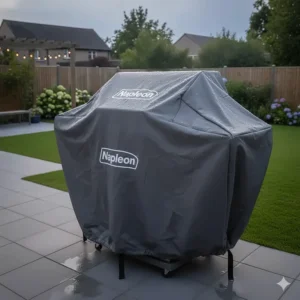 A heavy-duty Napoleon BBQ cover protecting a grill from British rain and wind.
