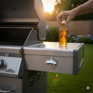 Close-up of the integrated bottle opener on a Napoleon BBQ side shelf.