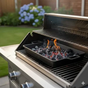 A Napoleon cast iron charcoal tray insert for converting a gas BBQ to charcoal.