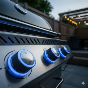 Blue NIGHT LIGHT control knobs illuminated for evening grilling on a Napoleon BBQ.