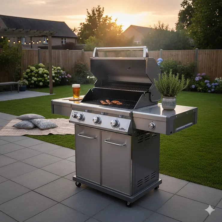 A Napoleon Prestige Pro gas BBQ integrated into a modern British patio garden kitchen. napoleon bbq