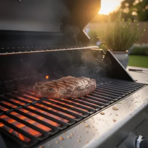 Close-up of the Napoleon BBQ infrared SIZZLE ZONE burner searing a steak.