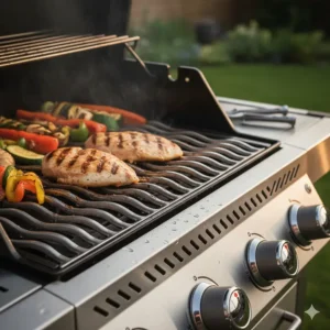 The iconic Napoleon WAVE stainless steel cooking grids on a Rogue series grill.