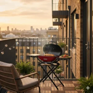 A Napoleon TravelQ portable BBQ set up on a compact London apartment balcony.