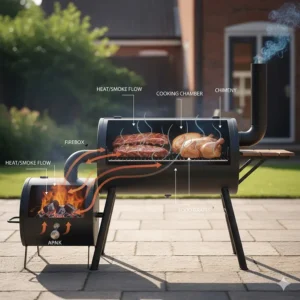 Technical diagram showing how heat and smoke travel from the firebox through the cooking chamber of an offset smoker.