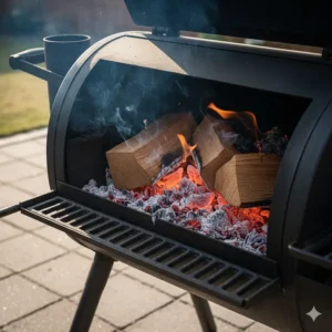 Close-up of a side firebox on an offset smoker bbq with glowing charcoal and English oak wood chunks.