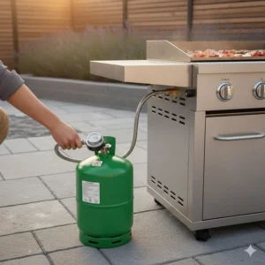 A close-up of a green patio gas bottle with a regulator connected to the side of a modern flat top grill.
