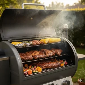 The internal cooking racks of a budget pellet smoker loaded with racks of ribs, whole chicken, and seasonal vegetables.
