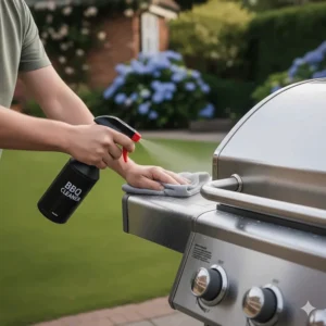 Wiping down the exterior stainless steel side shelves of a gas BBQ with a microfibre cloth and specialist cleaner.