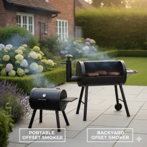 Comparison of a compact offset smoker versus a large horizontal barrel smoker for home barbecue enthusiasts.
