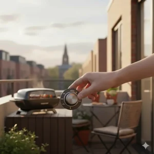 Alt text for image 6 Detailed shot of a hand adjusting the temperature dial on an electric balcony grill for precision cooking.