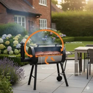 Illustration highlighting the baffle plate in a reverse flow offset smoker for even heat distribution.