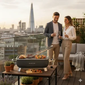 Alt text for image 2 A compact electric bbq for balcony seating areas, showing how it fits neatly on a small outdoor table in a UK flat.