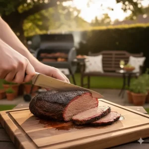 A photorealistic shot of a person slicing a smoked beef brisket on a wooden board in a typical British back garden.
