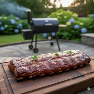 A rack of glazed pork ribs resting on a wooden board next to a traditional offset smoker.