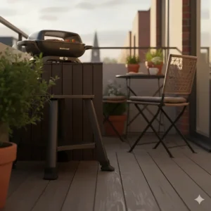 Alt text for image 8 A sturdy pedestal stand for an electric barbecue, ensuring safety and stability on timber balcony decking.