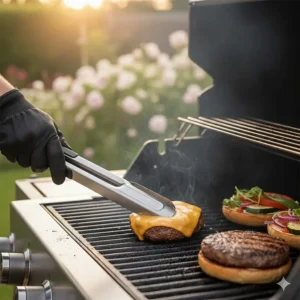 Long-handled stainless steel BBQ tongs flipping gourmet burgers on a hot grill.