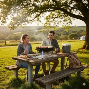 A couple enjoying grilled sausages from a tabletop BBQ placed safely on a wooden picnic bench at a lush green campsite.