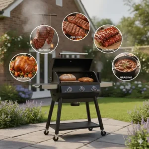 Illustration showing a Traeger grill’s ability to grill, smoke, bake, roast, braise, and BBQ in one outdoor cooker.