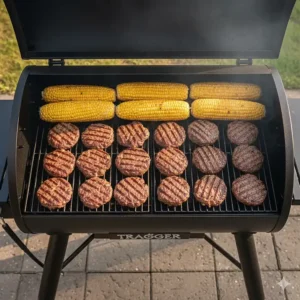 An overhead illustration demonstrating how many beef burgers and corn cobs fit onto a Traeger grill rack.