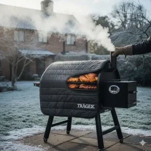 A Traeger grill fitted with a thermal insulation blanket for consistent temperature control during a cold British winter.