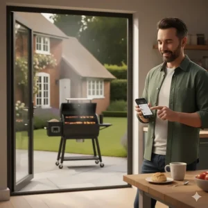 A person using the Traeger WiFIRE mobile app on a smartphone to monitor meat temperature remotely from a kitchen.