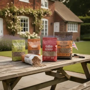 Various bags of Traeger hardwood pellets, including Apple, Hickory, and Signature blends available in the UK.