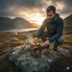 A backpacker cooking meat on a minimalist, stainless steel wood-burning stove placed on a rock in the Scottish Highlands at sunset.