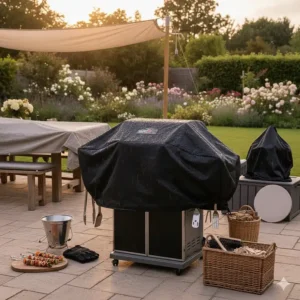 A durable waterproof black BBQ cover protecting a large kettle barbecue from UK rain.