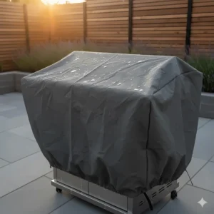 A heavy-duty waterproof grey cover protecting an outdoor flat top grill from rain on a modern British garden patio.