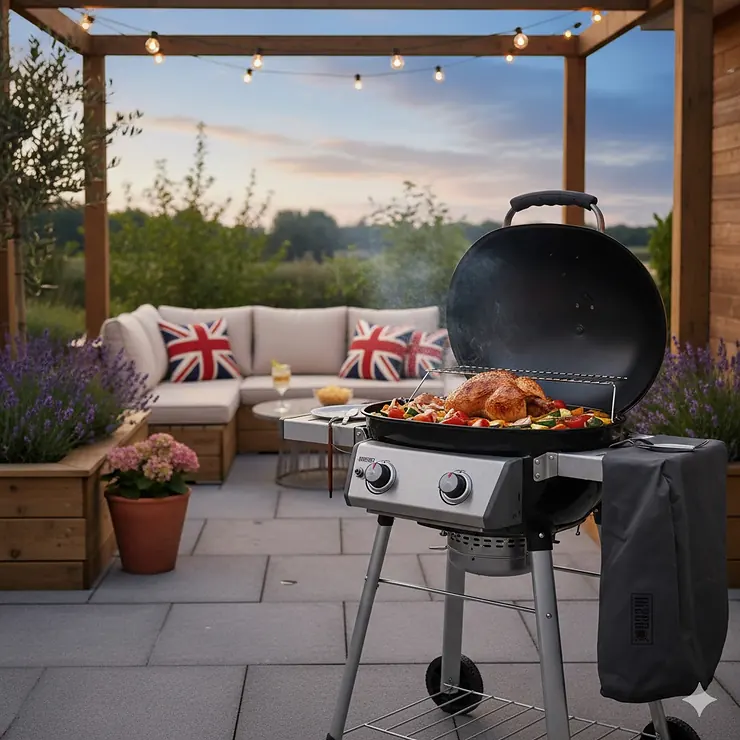 A Weber Q series BBQ set up on a British patio with a weatherproof cover nearby, ready for a garden cookout. weber q series bbq