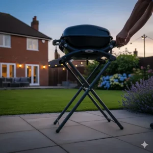 A Weber Q series BBQ mounted on a collapsible permanent stand in a typical British garden.