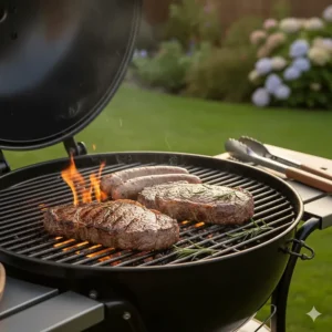 Close-up of a Weber Q BBQ cooking prime British beef steaks on porcelain-enamelled cast iron grates.