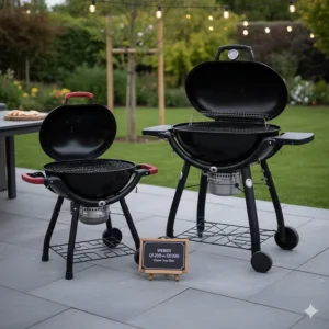 A side-by-side comparison of the Weber Q 1200 and Q 2200 models highlighting the different sizes and cooking areas.