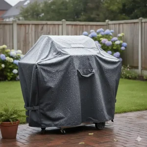 Heavy-duty BBQ cover protected by a layer of frost, demonstrating winter weather resistance for outdoor cooking gear.