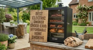 A rustic wooden sign resting next to an electric smoker, which is etched with the words "Best Electric Smoker Under £300: Affordable Home Smoking," illustrating the value of this garden cooking appliance.