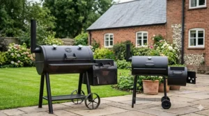 A visual comparison between a compact entry-level smoker and a heavy-duty professional offset barbecue in a patio setting.