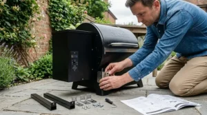 A person following an instruction manual to assemble a small pellet grill on a stone patio.