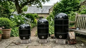 A detailed comparison photograph on a stone patio in a British garden, showcasing a range of bullet smoker sizes including 37cm, 43cm, and 50cm models.