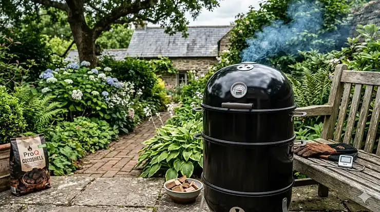 A photorealistic shot of a black bullet smoker, featuring an integrated thermometer and active smoke, set on a rustic stone patio in a lush British garden with a slate-roofed cottage in the background. best bullet smoker