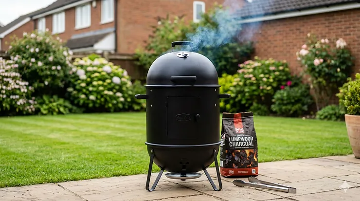 A black bullet-style charcoal smoker producing light blue smoke in a British garden patio setting. charcoal smoker under £200