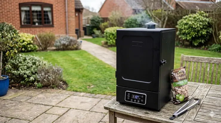 A photorealistic 4K photo of a compact digital electric smoker on a patio in a British garden, featuring natural lighting and wood chips. electric smoker for beginners